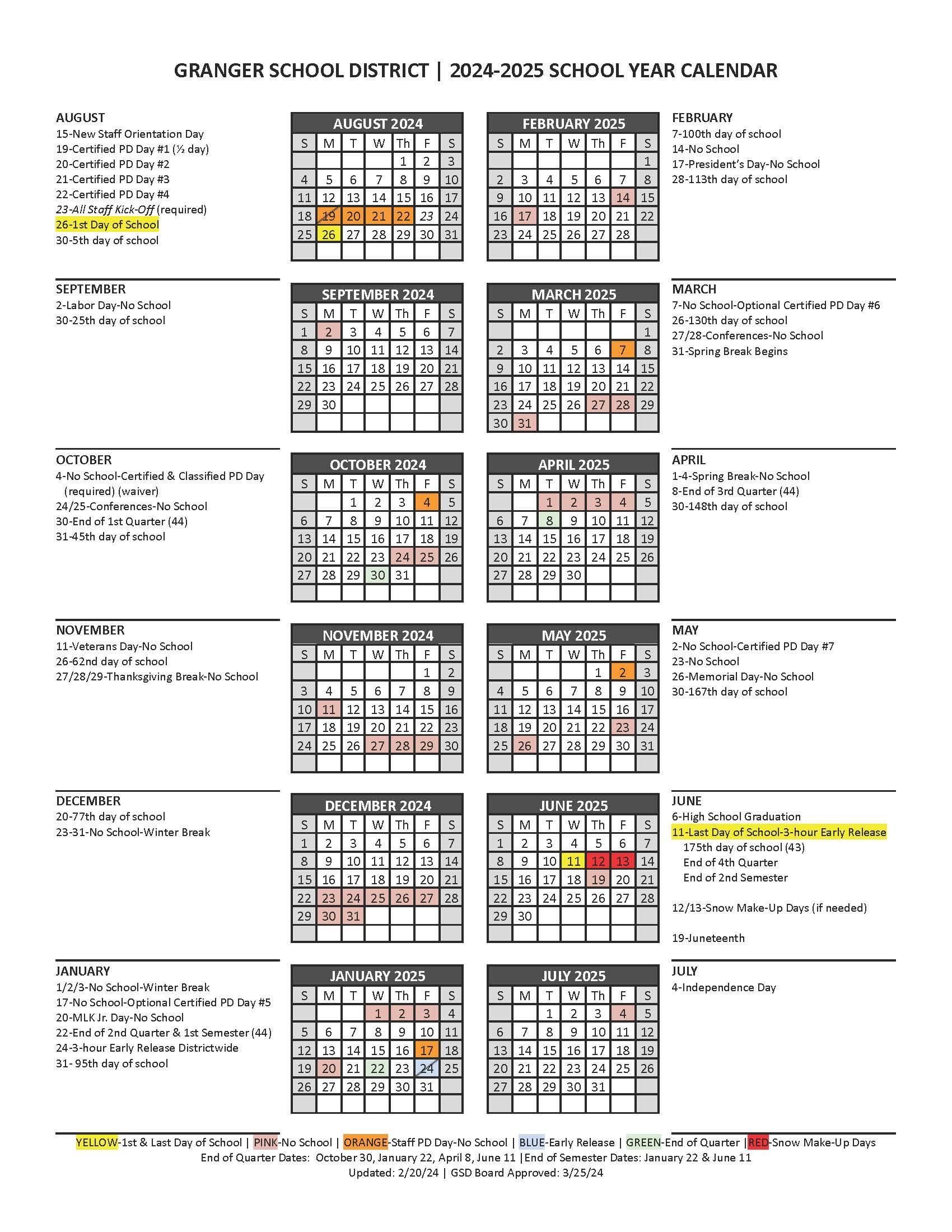 2024-25 school year calendar